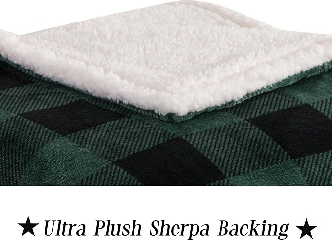Elegant Comfort Luxury Ultra-Plush Velvet Touch Buffalo Plaid Fleece Throw - Soft, Warm, Cozy Micromink Sherpa-Backing Reversible Blanket for Bed, Sofa and Couch, Buffalo Green