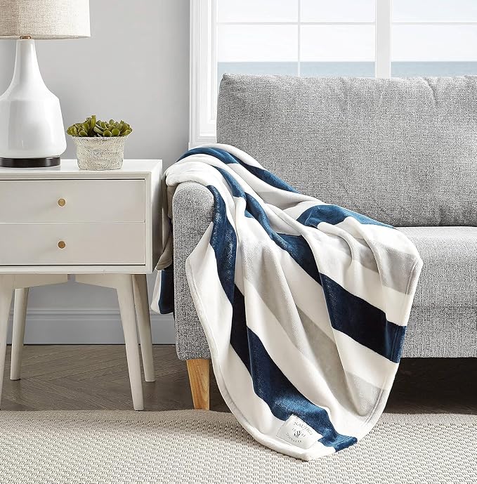 Nautica - Throw Blanket, Super Soft & Cozy Fleece Blanket, Lightweight Plush Bedding for Couch & Bed (Awning Stripe Navy, 50' x 60')