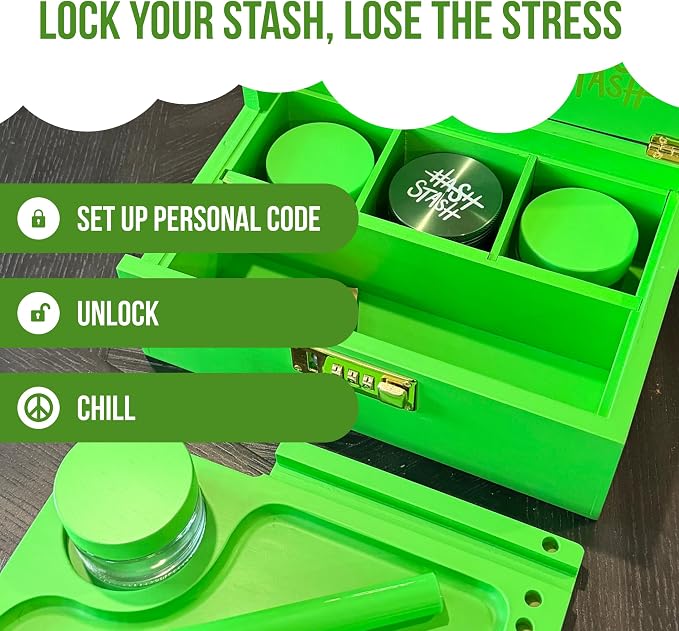 HASHSTASH The OG Storage Box - Large Bamboo Box with Combination Lock, Magnetic Lid, Organizer Tray, Airtight Tube and 3 Jars - Discreet Decorative Locking Wooden Box with Accessories (Neon Green)