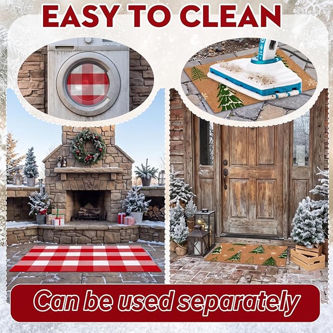 Moucuny 2 Pcs Christmas Coir Doormat Outdoor, Non Slip | Christmas Tree Welcome Coir Door Outdoor Red White Plaid Rug Front Door Porch Entryway Decor, 24'' x 35'', 16'' x 28''