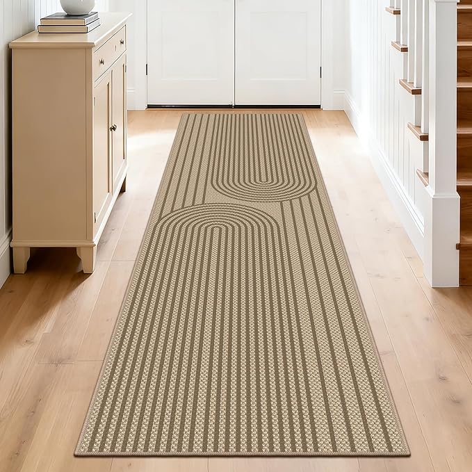 Faux Jute Hallway Runner Rug, 2' x 8' Kitchen Runner, Brown Farmhouse Ultra-Thin Washable Non-Slip Carpet Runner for Laundry, Bedroom, Backyard, Outdoor, Home Decor