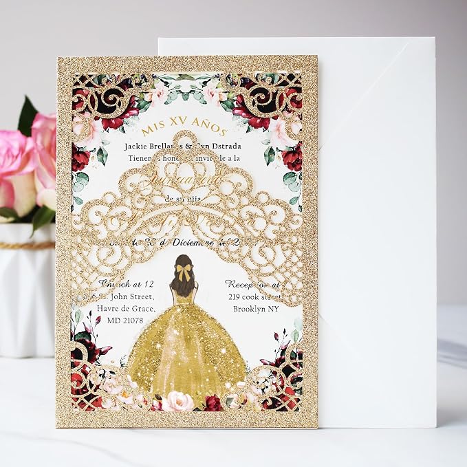 Hosmsua 50PCS Personalized Gold Glitter Quinceanera Invitations Kit, 5.1x7.3 Inch Laser Cut Floral Crown Pocket Quinceanera Invitation Cards with Envelopes for Birthday Quince Anos Invite