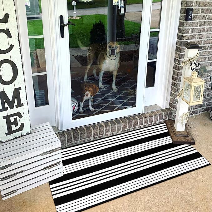 LEEVAN 2'X4.3' Black and White Striped Woven Cotton Reversible Outdoor Rug | Small Machine Washable Front Porch Rug, Entryway Door Mat, Indoor Layering Carpet for Farmhouse Bathroom Laundry