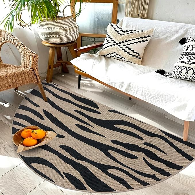 Easy Jute Rug 2.6x5Ft Half Round Zebra Stripe Carpet for Farmhouse Bedroom Entrance, Nonslip Half Circle Thin Neutral Floor Mat for Living Room Patio Kids Room Kitchen, Indoor Outdoor, Black 5