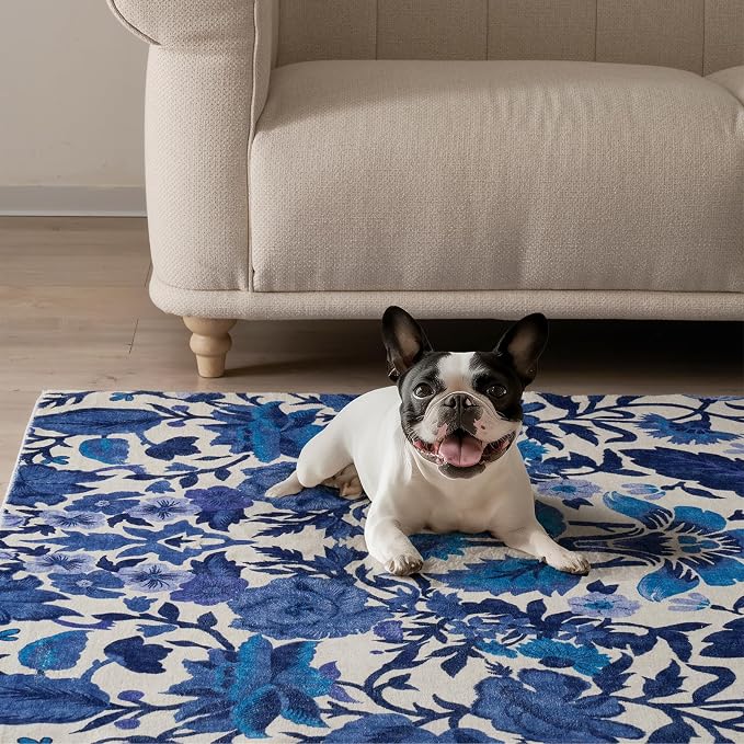 EVERGRACE Area Rugs for Entryway 2x3, Boho Floral Faux Wool Indoor Outdoor Small Rugs, Washable Rugs for Bedroom Bathroom Laundry Doormat, Low Pile Floor Mat Carpet for Home Decor, Celtic Blue