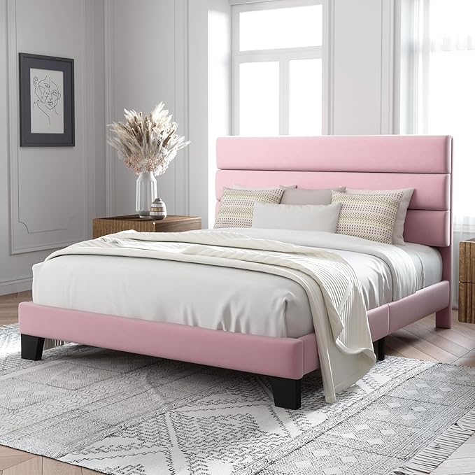 Allewie Full Size Platform Bed Frame with Velvet Upholstered Headboard Pink | Wooden Slats Support, Fully Upholstered Mattress Foundation, No Box Spring Needed, Easy Assembly, Noise-Free, Pink