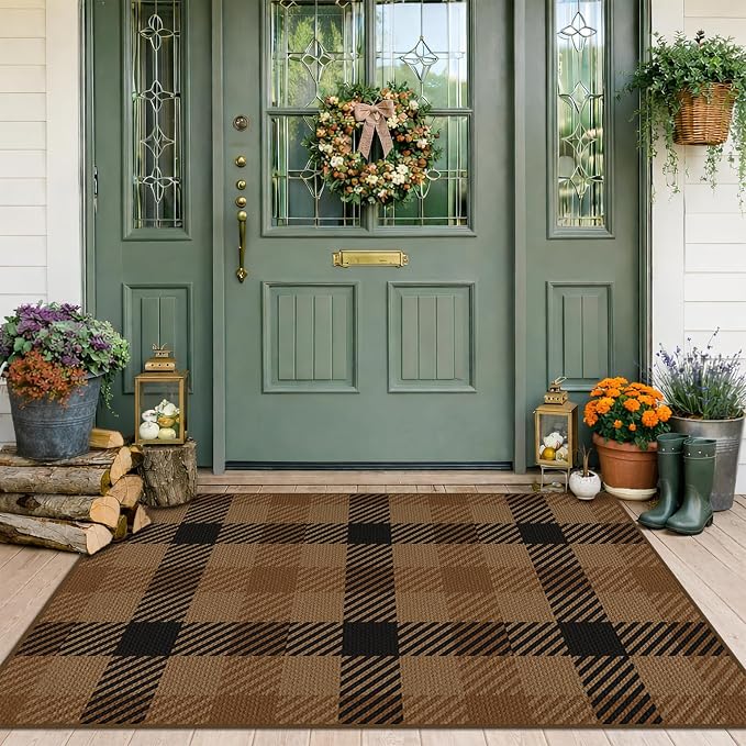 Brown Checkered Rug for Under Door Mat Outdoor - 2'3" x 3'7" (27.5" x 43") Washable Easy Jute Plaid Rug for Entryway, Kitchen, Earthy & Coffee Rustic Accent Neutral Front Porch Décor