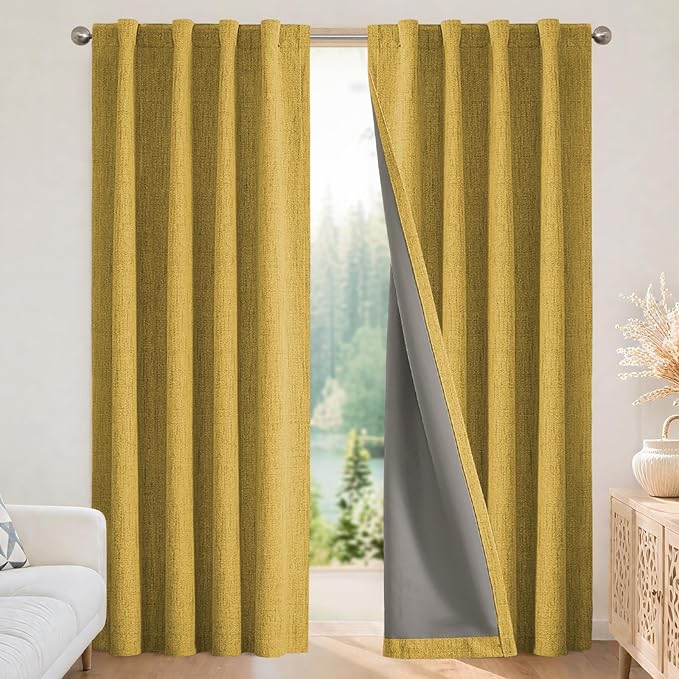 Joydeco Blackout Curtains for Bedroom - 108 Inch Long 100% Light Blocking 2 Panels Set Yellow Drapes, Thermal Insulated Room Darkening Curtains, Linen Textured for Living Room, Rod Pocket & Back Tabs