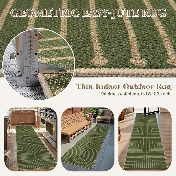 Lahome Green Runner Rug, 2x8 Washable Runner Rug for Kitchen Hallway | Farmhouse Rhombus Low Pile Non Shedding Indoor Outdoor Carpet for Entryway Laundry Room