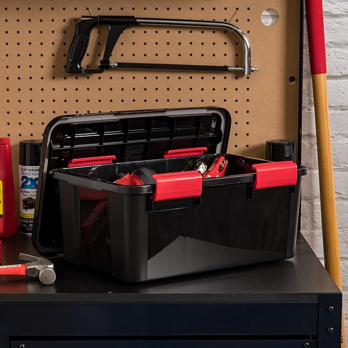 IRIS USA 6-Pack 19 Qt Storage Bins with Gasket Lids, Black/Red | WeatherPro seal protects shoes, crafts, documents and supplies from dust and moisture