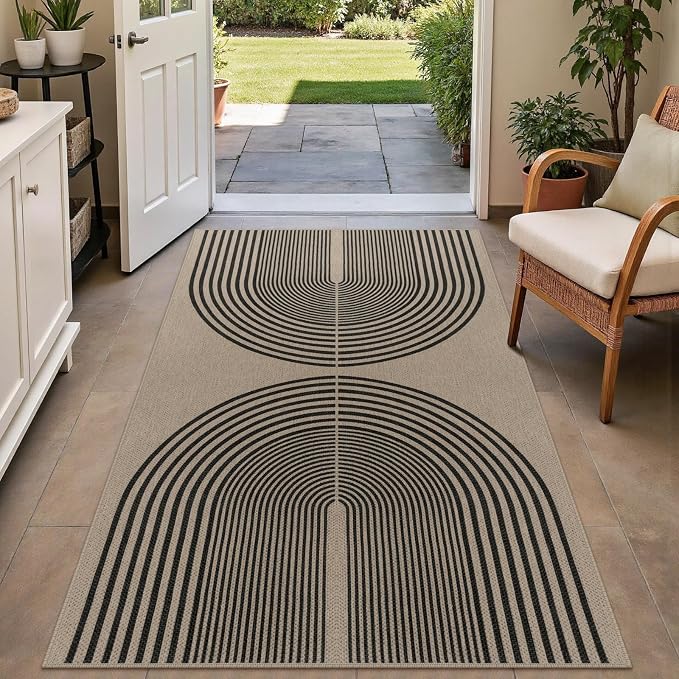 Rugalia Easy Jute Small Outdoor Patio Rug, 3x5 Black Nature Rainbow Entryway Rug Washable Non-Slip Modern Kitchen Rugs, Neutral Farmhouse Throw Carpet for Outdoor Living Room Porch Backyard