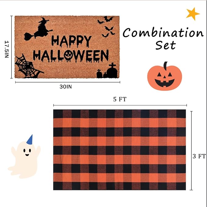 Halloween Decor Doormat Combo Set, 100% Coco Coir Welcome Mat + 3' x 5' Orange and Black Plaid Rug - Halloween Fall Front Porch Entryway Decor Floor Mat, Outdoors Autumn Mats Happy Halloween