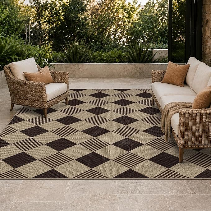 JTJ Easy Jute Diamond 5x7 Area Rug for Living Room - Door Mat Indoor Entrance, Checkered Plaid Rug for Patio, Bedroom, Home Office, Woven Low Pile Washable Beige Black Geometric Front Porch Décor