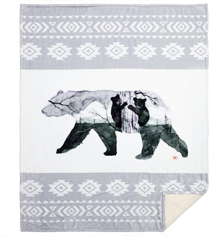 Carstens, Inc. Dean Crouser Plush Sherpa Fleece Oversized Throw Blanket 54" x 68", Mama Bear & Cubs