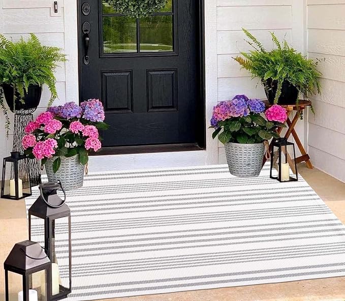BUAGETUP Grey and White Outdoor Rug 3'x 5' Hand-Woven Cotton Washable Rug Striped Front Porch Rug Indoor/Outdoor Area Rug Floor Mat for Farmhouse/Layered Door Mats/Living Room