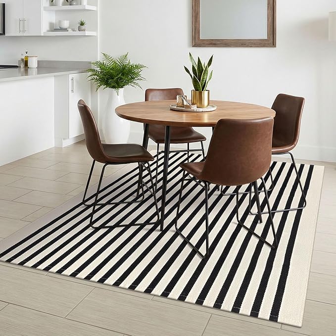 KILOCOCO Beige Striped Rug 4x6 Indoor Outdoor Rugs Washable Front Door Rugs | Cotton Front Porch Rug, Woven Living Room Rug, Low Pile Welcome Mat for Entryway, Layered Farmhouse Kitchen Patio Carpet