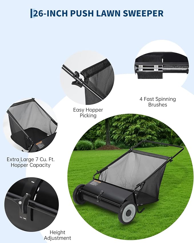26-Inch Push Lawn Sweeper, Extra-Wide 4-Brush Yard Sweeper with 7 Cu.ft. Mesh Collection Bag, Heavy-Duty Steel Frame, Height-Adjustable Leaf & Grass Sweeper for Lawn, Yard, Sidewalk & Driveway