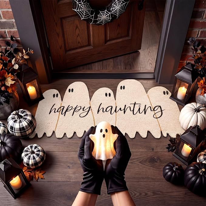Ceenna Halloween Doormat Coir Happy Haunting Ghost Doormat Funny Ghost Door Mat Non Slip Floor Mat for Halloween Haunted House Indoor Front Door Entrance Decor, 16 x 28 Inch