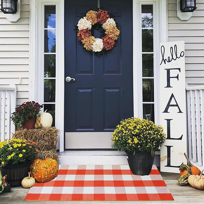 Buffalo Plaid Outdoor Rugs, 2'x4'3'' Orange and White Checkered Indoor/Outdoor Area Rug, Layering Rug for Hello/Welcome Door Mat, Washable Cotton Woven Farmhouse Mat for Fall Front Porch Décor