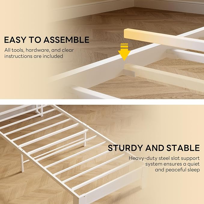 LIKIMIO Twin XL Bed Frames, PU Leather Storage Headboard with Charging Station, Solid and Stable, Noise Free, No Box Spring Needed, Easy Assembly, White