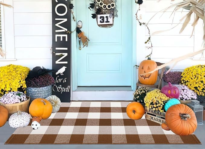 Buffalo Plaid Outdoor Rug 2'x4.3',Fall Coffee Front Porch Rug Door Mats Outdoor Farmhouse Cotton Washable for Hello Welcome Rug Layered Doormat Outdoor Entryway