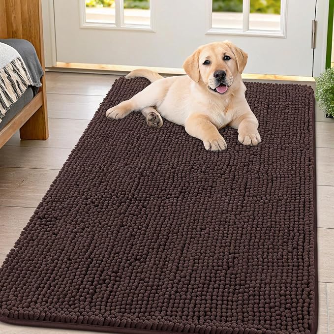 Smiry Dog Door Mat for Muddy Paws 54x32, Absorbent Dirt Trapper, Non-Slip Washable Chenille Entryway Rug for Inside Floor, Brown, Classic Solid