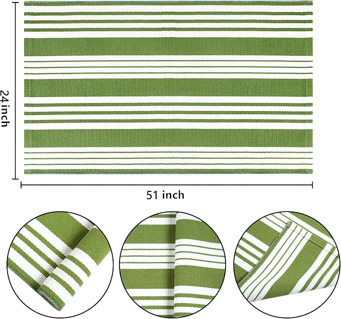 Green and White Striped Outdoor Rug 24'' x 51'' Front Porch Rug Hand-Woven Machine Washable Layered Door Mats for Entryway/Bedroom/Outdoor