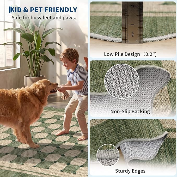 Garvee Scalloped Washable 2x6 Kitchen Runner Rug, Easy Jute Checkered Green Rugs for Entryway Hallway, Indoor Outdoor Non Slip Rug Farmhouse Modern Carpet Door Mat for Porch Bedroom Laundry Room 2'x6'