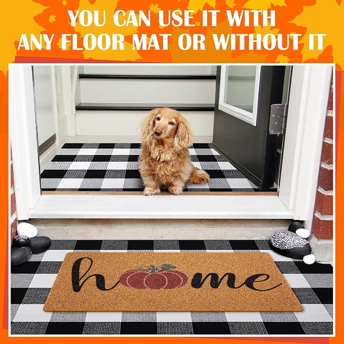 Geelin 2 Pcs Fall Front Door Mat Welcome Mat Outdoor Decorative Doormat Non Slip Buffalo Checkered Rug for Indoor Outdoor(Home Pumpkin)