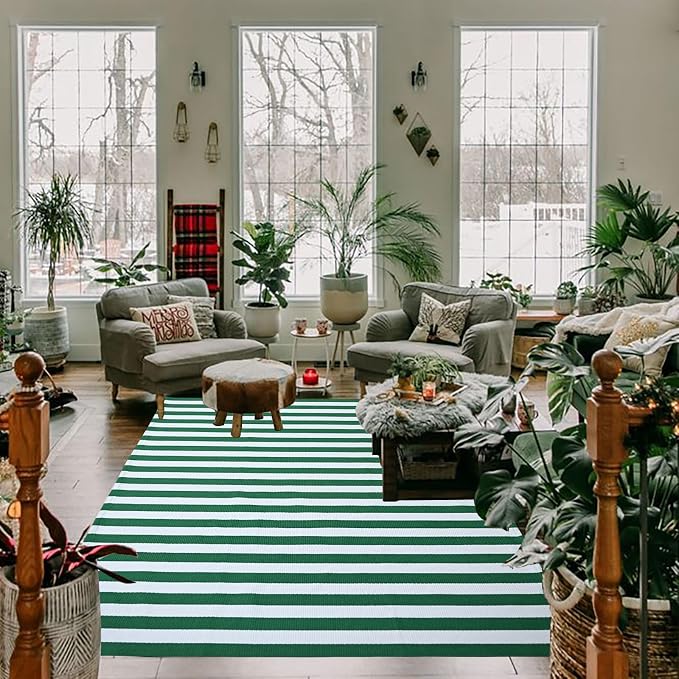 Green & White Striped Rug, 4' x 6' Indoor/Outdoor Area Rug for Front Porch, Entryway, Machine Washable Cotton Woven Welcome Door Mat