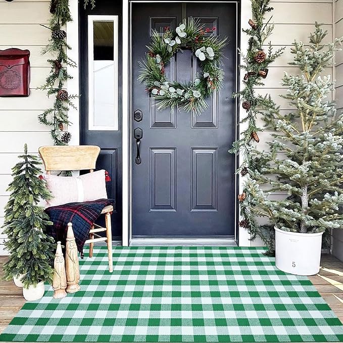CAINANEL Buffalo Plaid Outdoor Rug Green and White Spring Door Mat Layering Rug Welcome Doormats for Spring Easter Farmhouse Entrance Porch Outdoors Decor