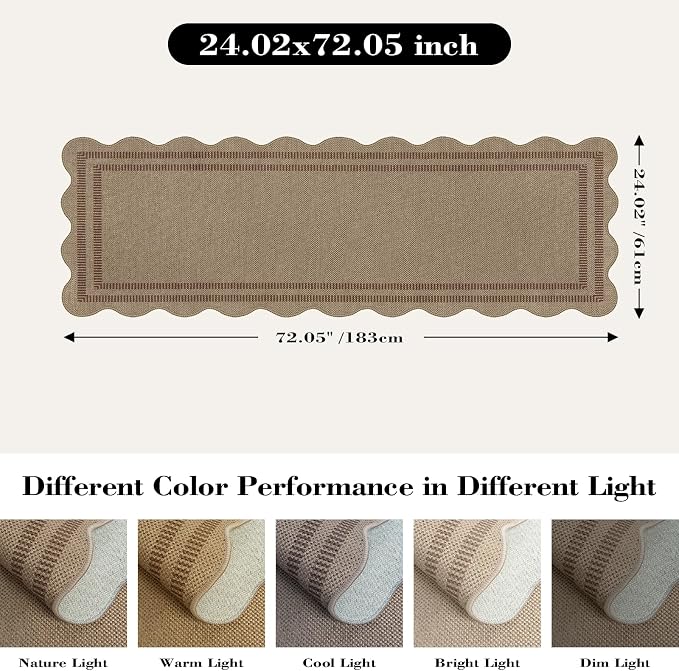 Scalloped Easy Jute 2x6 Kitchen Runner Rug, Washable Rugs for Entryway Non Slip Outdoor Indoor Hallway Rug, Farmhouse Brown Carpet for Entry Bedroom Laundry