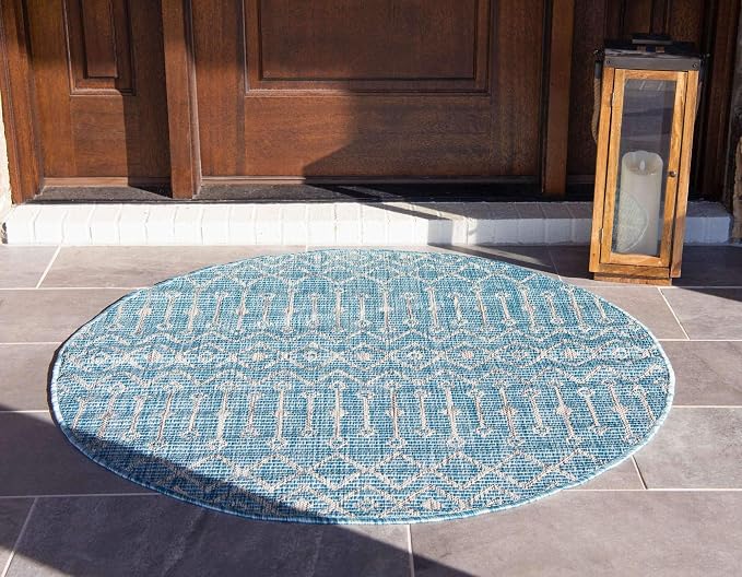 Unique Loom Outdoor Trellis Collection Area Rug - Tribal Trellis (4' 1" Round, Aqua/ Ivory)