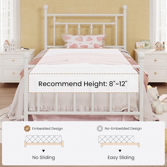 SHA CERLIN 14" Twin Size Metal Platform Bed Frame/Victorian Headboard and Footboard/Steel Slats Mattress Foundation for Storage/No Box Spring Needed/Noise Free/White