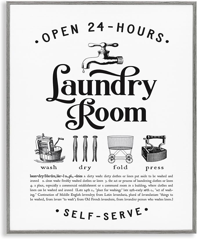 Stupell Industries Vintage Laundry Room Definition Wash Dry Fold, Designed by Lettered and Lined Gray Framed Wall Art, White