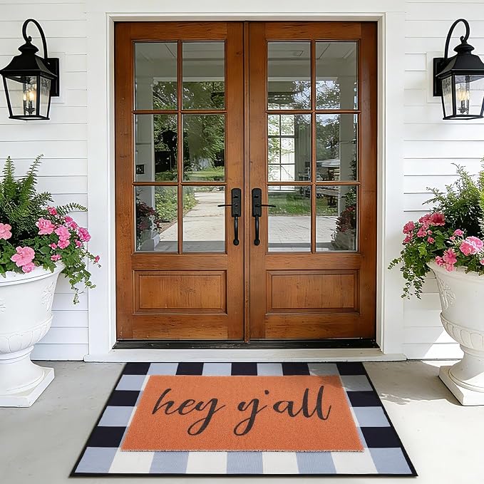 Hey Y’All Doormat, 2pcs Layered Front Door Mats with Coir Texture Welcome Doormat and Black White Striped Under Non Slip Mat, Farmhouse Porch Decor for Home Entry, Entryway Home Outdoor Decor