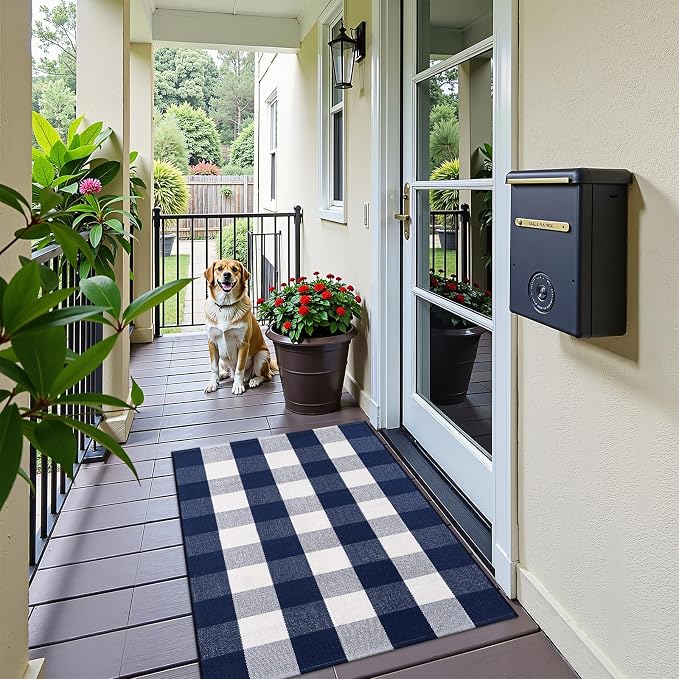 OLANLY Buffalo Plaid Rug 2'4" x 3'7" (27.5" x 43") – Navy and White Cotton Checkered Doormat, Washable Indoor Outdoor Rug for Layered Front Porch, Kitchen, Entryway Decor