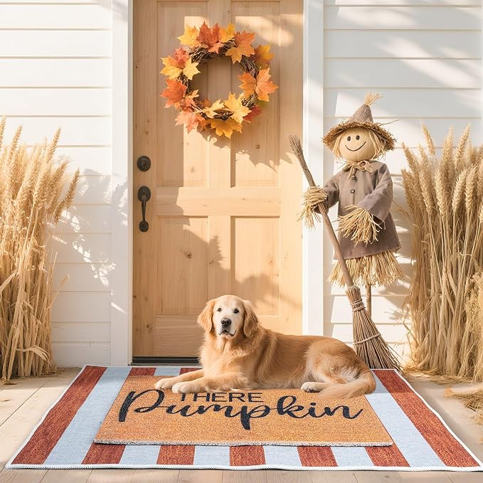 2 Pcs Fall Doormat Hey There Pumpkin Door Mat Fall Non Slip Coir Mats Floor Striped Mat Layering Doormats Seasonal for Thanksgiving Autumn Doormats Front Porch Entryway Decor 23.6 x 31.5 Inch
