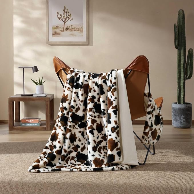 Wrangler - Blanket, Super Soft & Reversible Faux Fur Bedding, Yellowstone Inspired Throw Blanket for Couch or Bed (Spotted Cow Print Brown, 50" x 70")