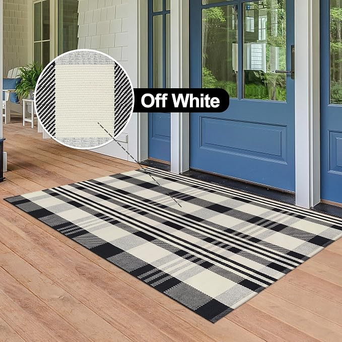Buffalo Plaid Rug 3x5 Cotton Woven Buffalo Check Area Rug Black and Off White Front Porch Doormat Checkered Outdoor Carpet Washable Indoor Outdoor Layered Door Mats for Entryway Kitchen Farmhouse