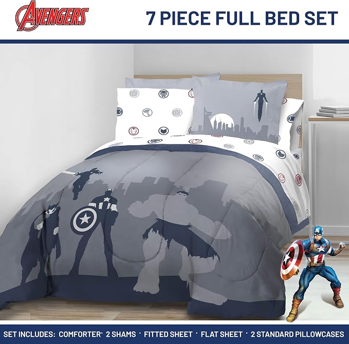 Marvel Avengers Full Comforter Set 7 Piece Soft Bedding for Boys, Blue | Captain America Iron Man, Bed in a Bag, Comforter Sheets Shams Pillowcases, Soft Microfiber, Machine Washable, Boys Gift