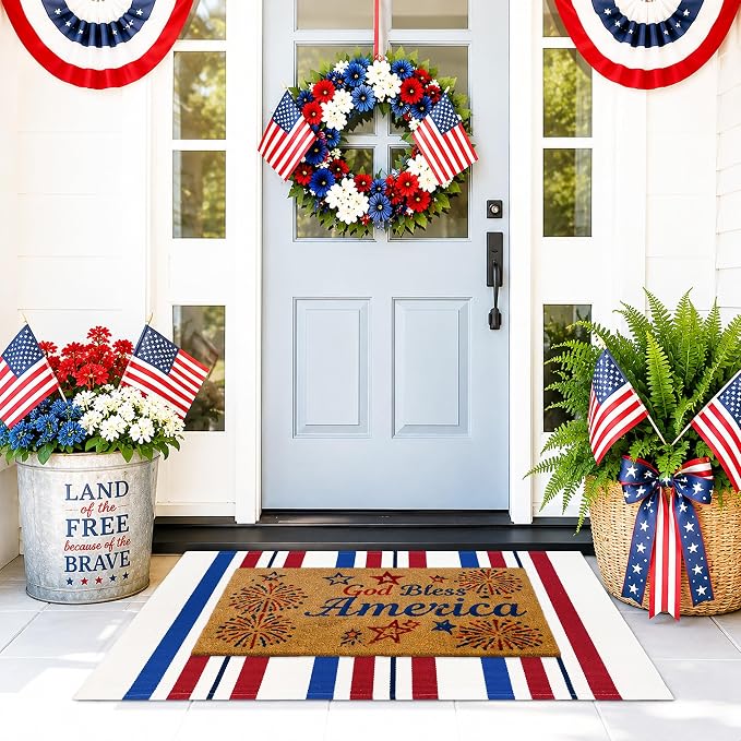 4th of July Door Mat Rug 28"x43", Patriotic Outdoor Rug for Front Porch, Red White and Blue Striped Layering Mat, Patriotic Door Mat for Indoor Outdoor Entryway Farmhouse Decor
