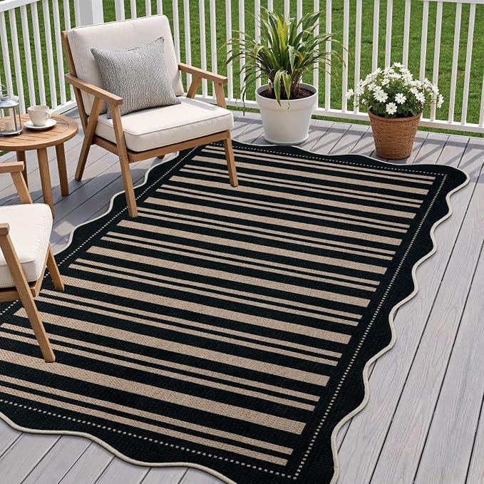 EDIMENS Scalloped Outdoor Rug 3x5 Jute Front Porch Patio Entry Entryway Rug | Striped Front Door Mat Small Non-Slip Washable Area Rug Carpet Low Pile Black Indoor Farmhouse Doormat for Entrance Doorway