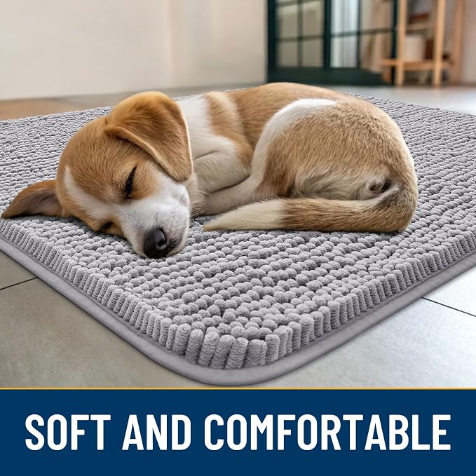 Smiry Dog Door Mat for Muddy Paws 59x20, Absorbent Dirt Trapper, Non-Slip Washable Chenille Entryway Rug for Inside Floor, Light Grey, Classic Solid