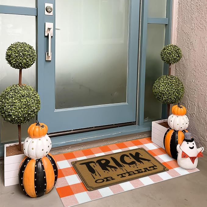 KIMODE Halloween Door Mat Outdoor 27.5"x43", Fall Decor Buffalo Plaid Outdoor Rug,Farmhouse Checkered Layered Welcome Door Mat for Entryway,Halloween Front Porch Decor,Orange and White