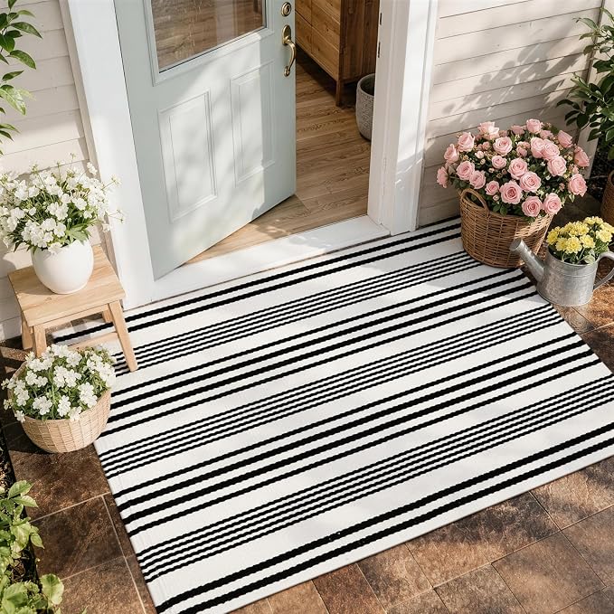 OJIA Front Door Rug 27.5"x43" Black and White Striped Outdoor Porch Rugs | Machine Washable Welcome Mat Cotton Woven Entryway Rug Front Door Mats for Porch/Farmhouse/Kitchen/Outside Entrance Decor
