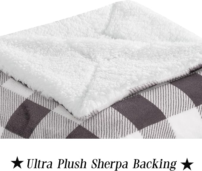 Elegant Comfort Luxury Ultra-Plush Velvet Touch Buffalo Plaid Fleece Throw - Soft, Warm, Cozy Micromink Sherpa-Backing Reversible Blanket for Bed, Sofa and Couch, Buffalo Gray