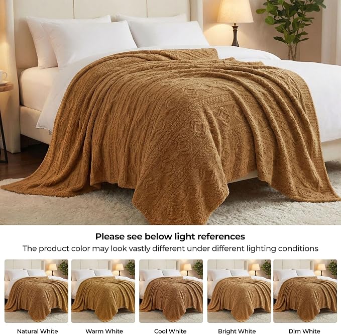 Superior Fleece Boho Jacquard Blanket, Decorative Blankets for Bedroom, Sofa, Fuzzy, Plush, Fluffy, Soft, Cute Room Decor, Beautiful Cover, Comfort Essentials, Arctic Collection, Twin, Camel