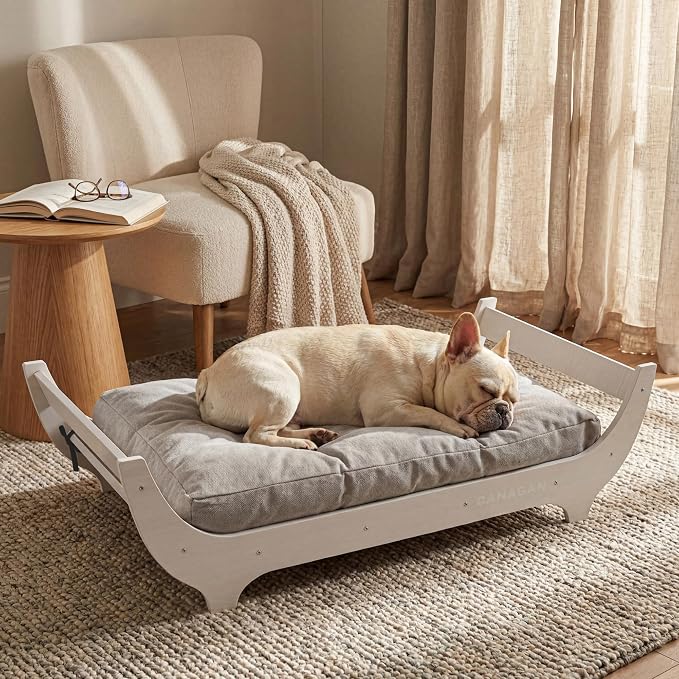CANAGAN Elevated Wooden Dog Bed with Cushion, White Maple, Medium | Raised Dog Couch Bed with a Washable Cover and Plush PP-Filled Cushion, Designed for Medium Dogs and Stylish Indoor Living