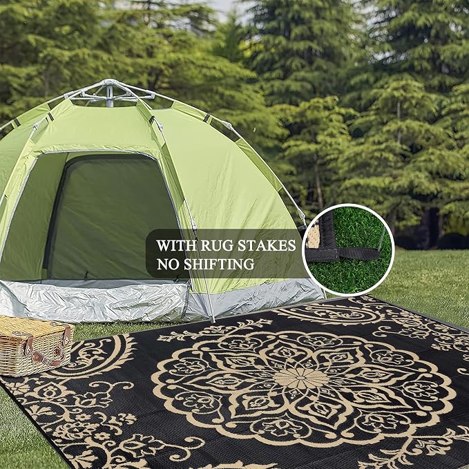 Pauwer Outdoor Rug 8x10, Waterproof Plastic Camping Rug, Boho Black Brown | Reversible Patio Rug, UV Resistant Indoor Outdoor RV Mat Carpet For Deck, Camper, Porch, Balcony, Backyard, Picnic, Foldable